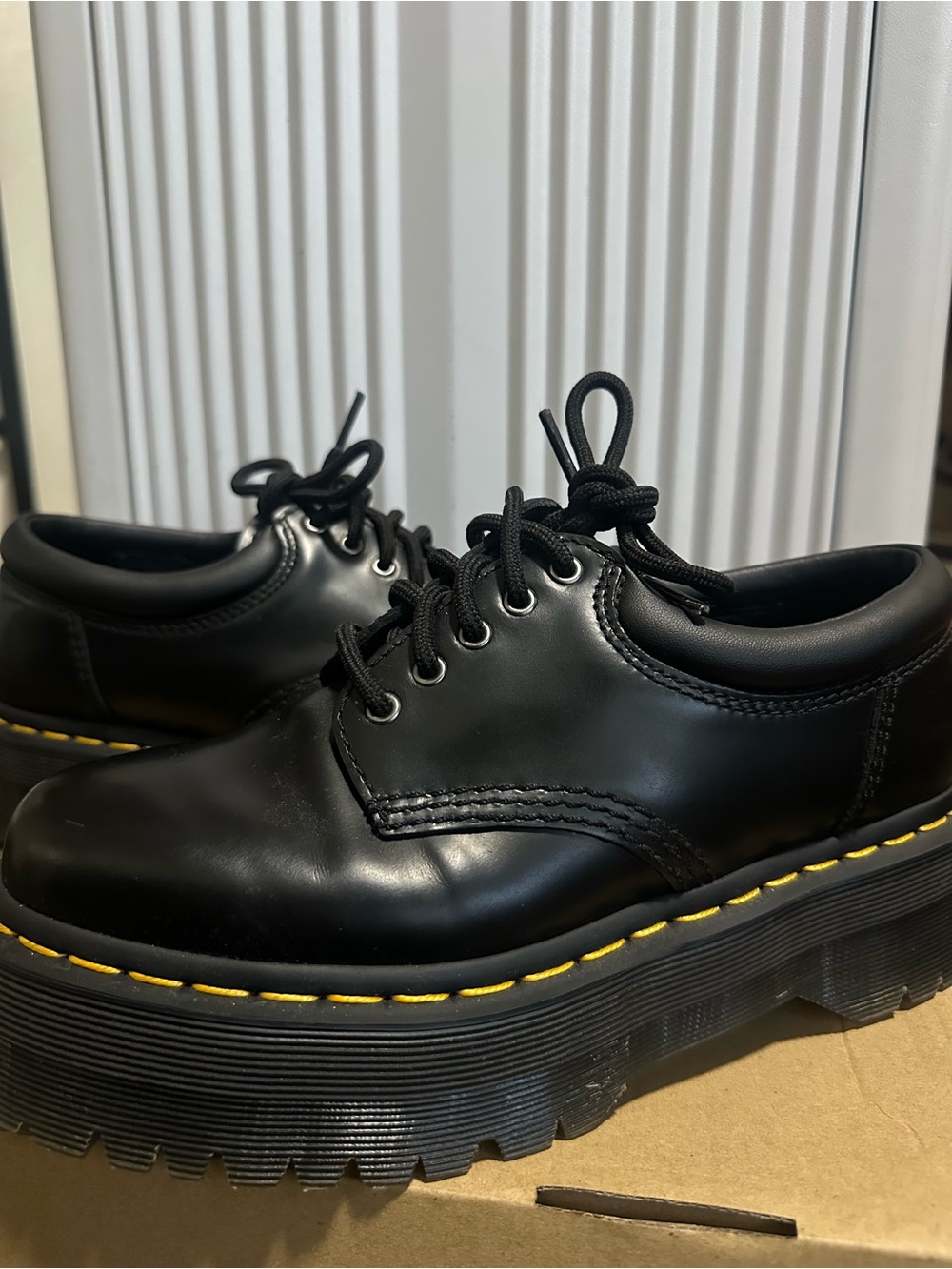 Dr. Martens Black Leather Platform Lace-Up Oxfords with Yellow Stitching